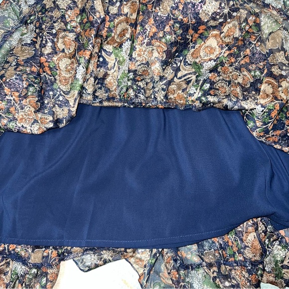 O.P.T Floral Metallic Smock Neck Fit&Flare Long Sleeve Mini Dress Navy Boho XS - Picture 6 of 9